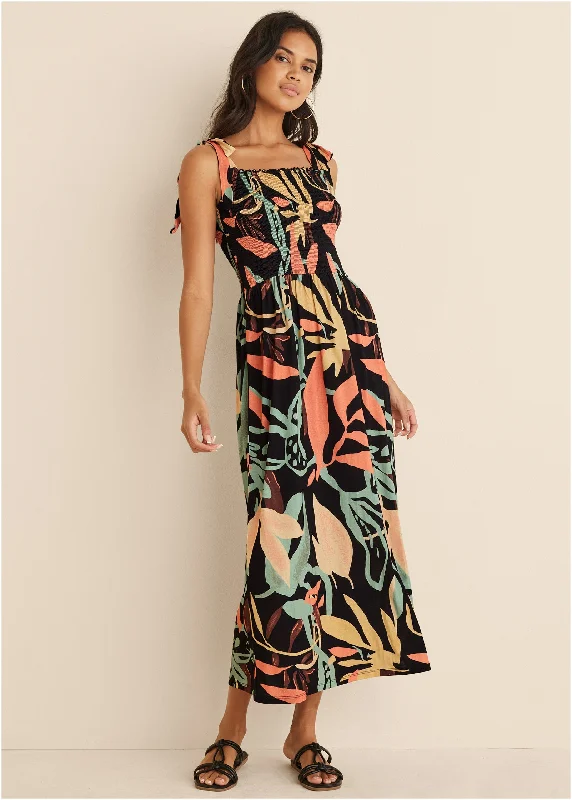 Smocked maxi dress - Black Multi