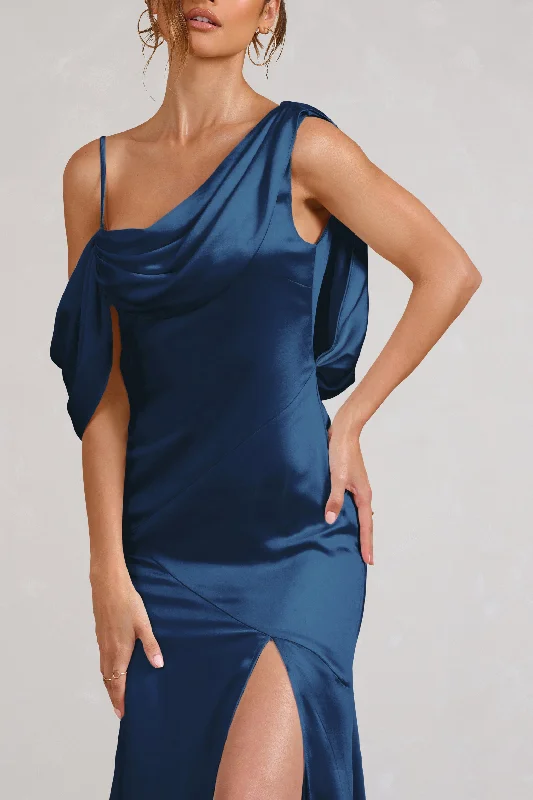 Jayne | Navy Satin Asymmetric Draped Split Maxi Dress