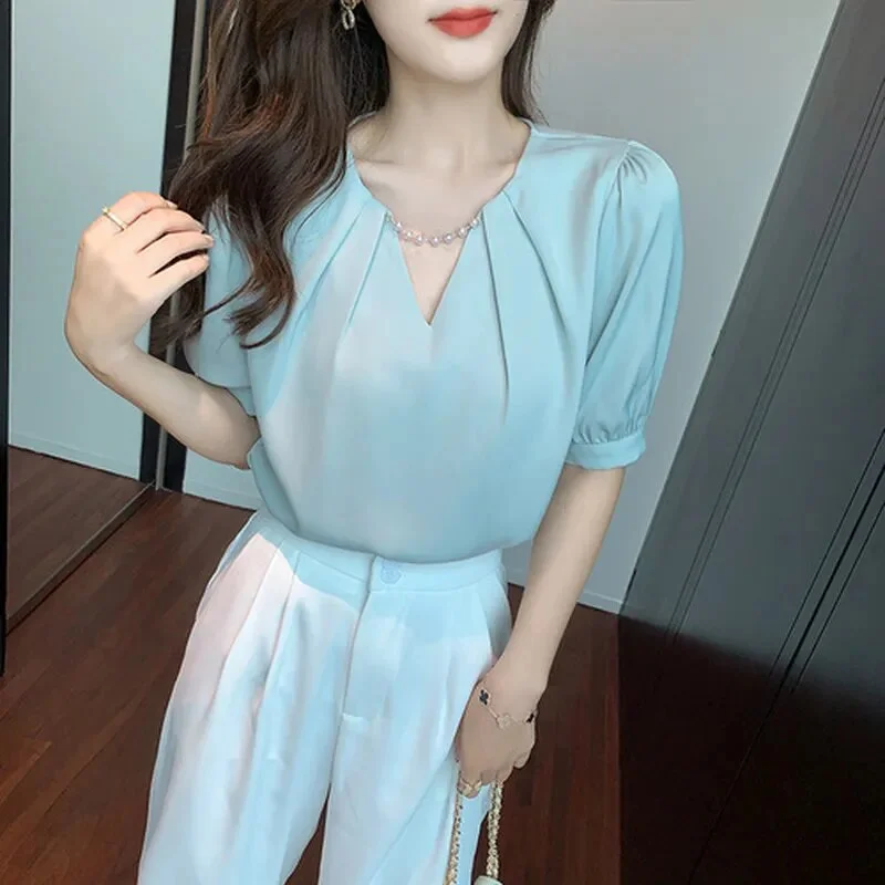 Korean Fashion Slim Chiffon Short Sleeve Blouse