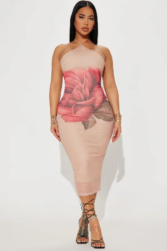 Last Rose Mesh Midi Dress - Nude/combo