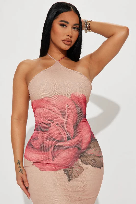 Last Rose Mesh Midi Dress - Nude/combo