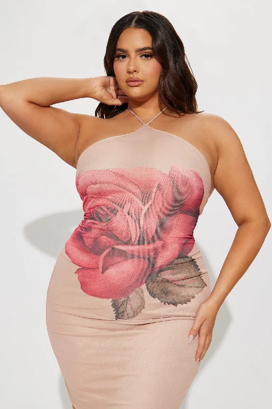 Last Rose Mesh Midi Dress - Nude/combo