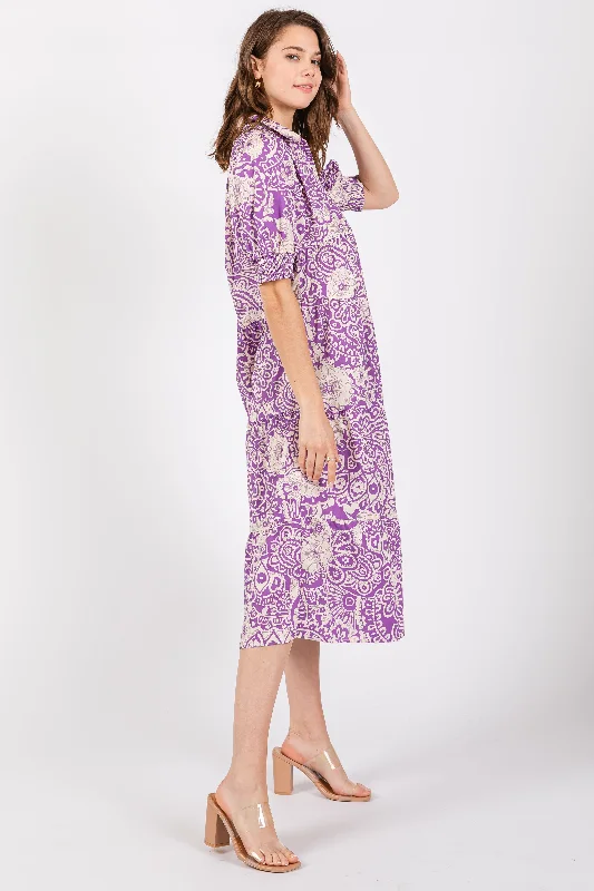 Lavender Floral Collared Tiered Midi Dress