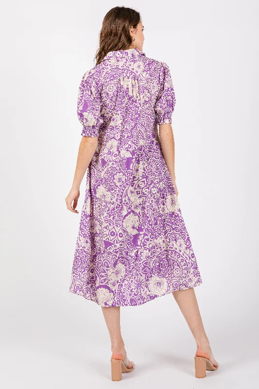 Lavender Floral Collared Tiered Midi Dress