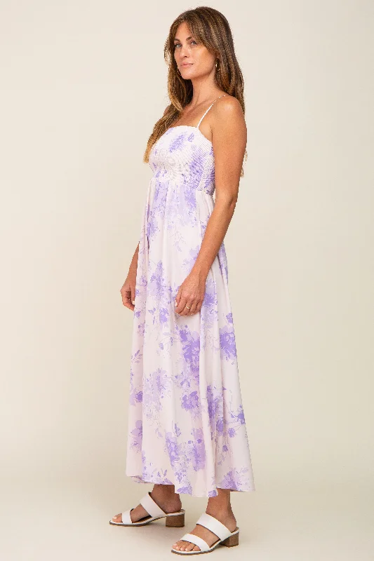 Lavender Floral Sleeveless Smocked Maxi Dress