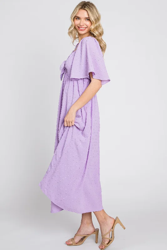 Lavender Textured Dot Front Tie Ruffle Sleeve Midi Dress