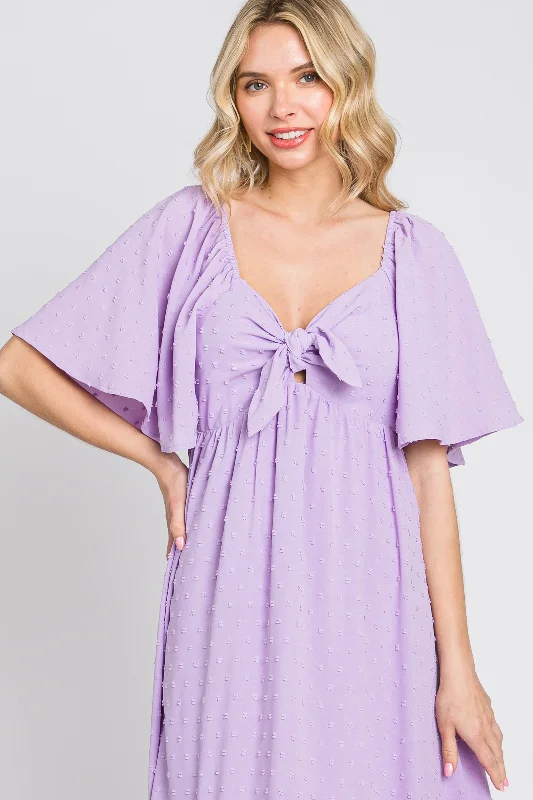 Lavender Textured Dot Front Tie Ruffle Sleeve Midi Dress