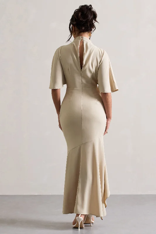 Lavinia | Champagne High-Neck Flutter-Sleeve Asymmetric Maxi Dress