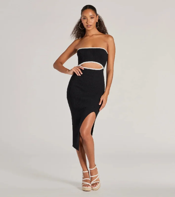 Leaving Impressions Strapless Ribbed Knit Midi Dress