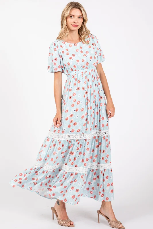 Light Blue Floral Lace Trim Maxi Dress