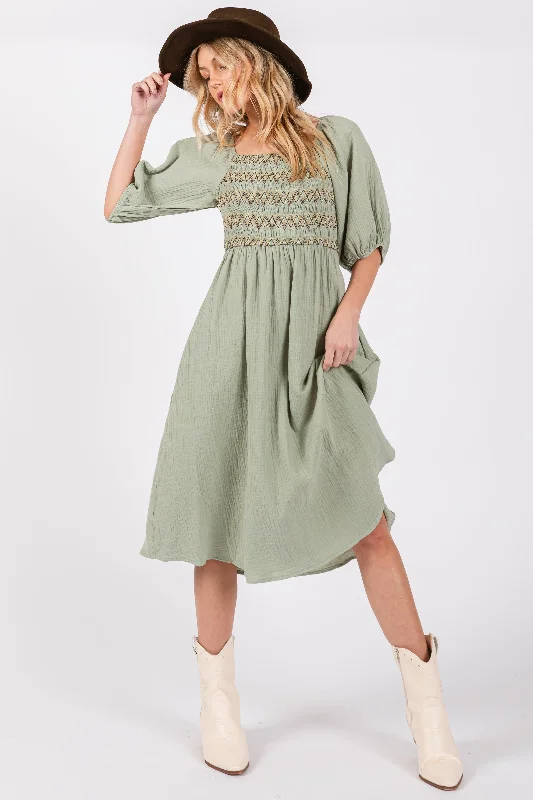 Light Olive Embroidered Midi Dress