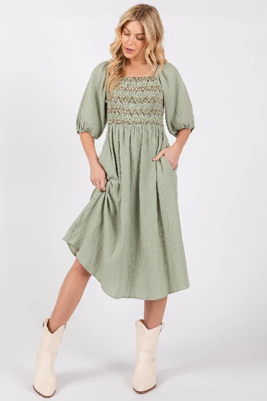 Light Olive Embroidered Midi Dress