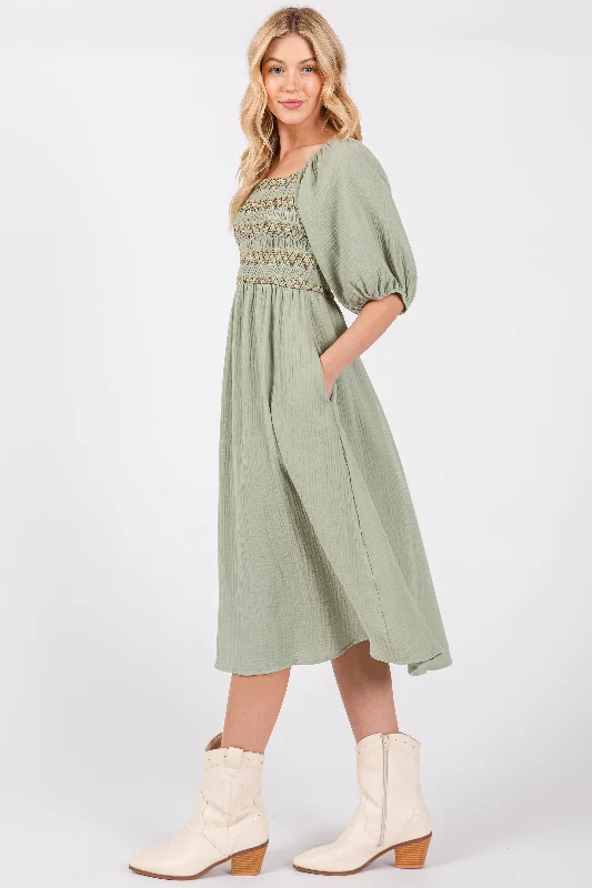 Light Olive Embroidered Midi Dress