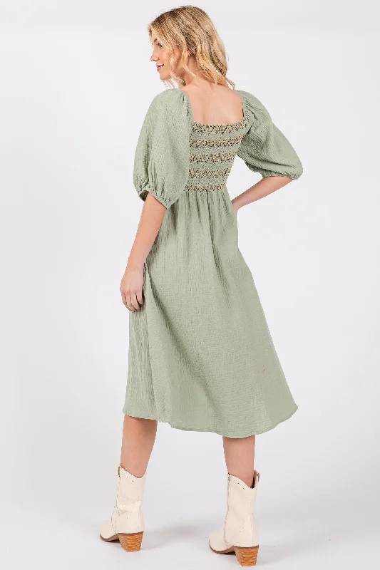 Light Olive Embroidered Midi Dress