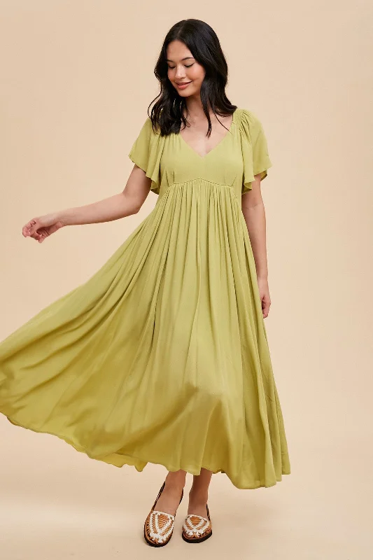 Light Olive V-Neck Flutter Short Sleeve Midi Dress