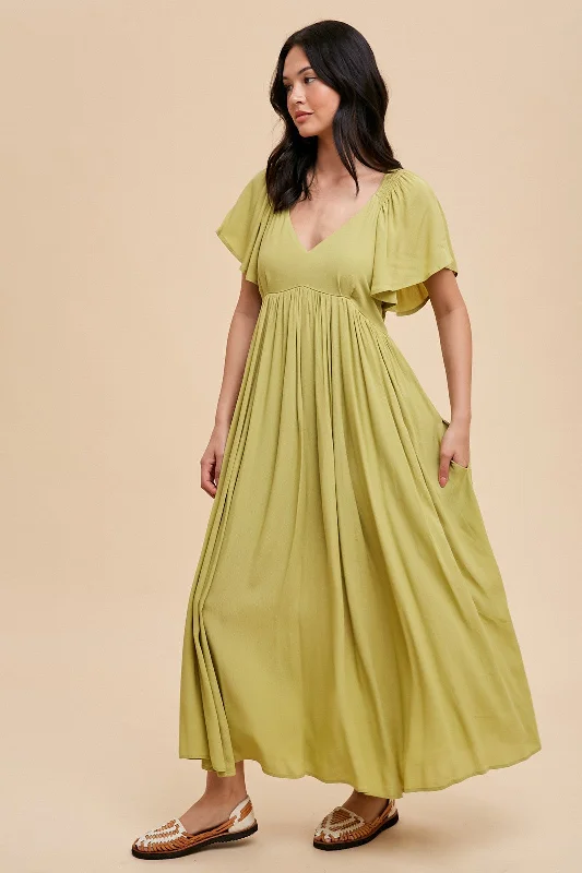 Light Olive V-Neck Flutter Short Sleeve Midi Dress