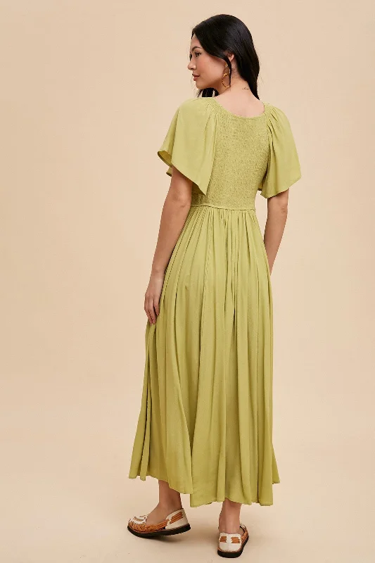 Light Olive V-Neck Flutter Short Sleeve Midi Dress