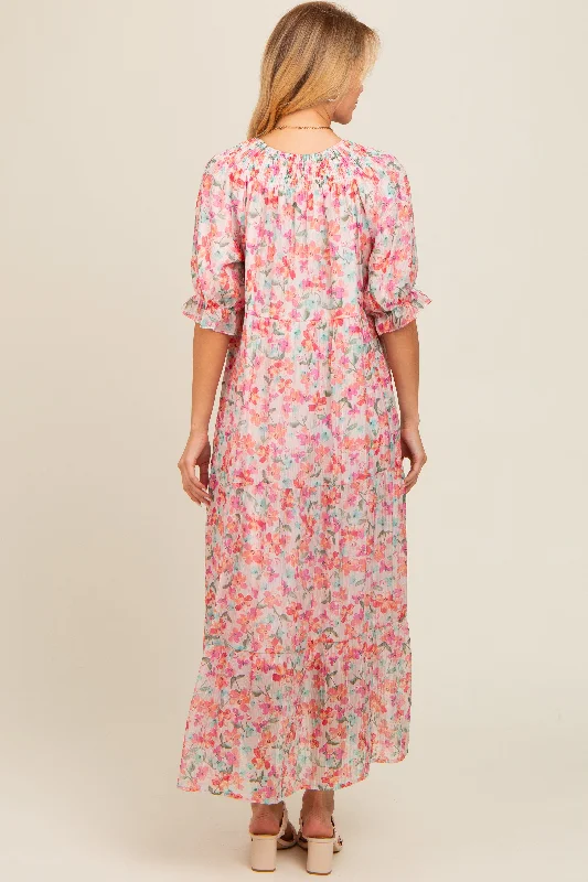 Light Pink Floral Front Tie Button Up Maxi Dress