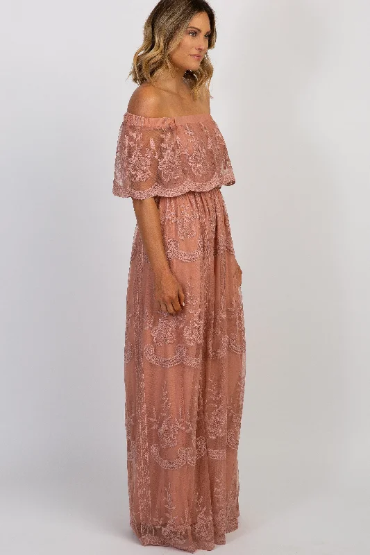 Light Pink Lace Mesh Overlay Off Shoulder Maxi Dress