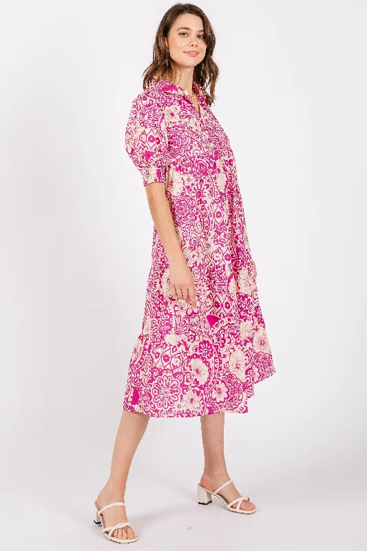 Magenta Floral Collared Tiered Midi Dress