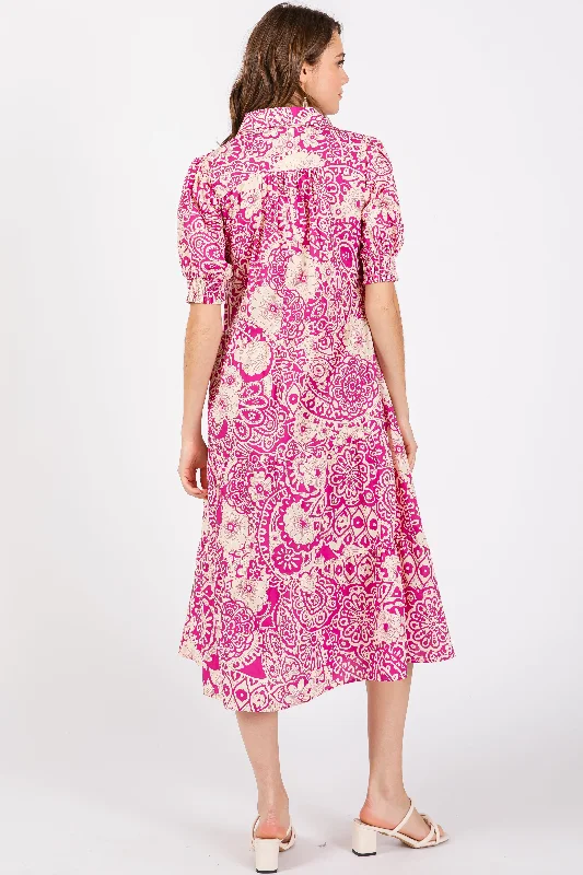 Magenta Floral Collared Tiered Midi Dress