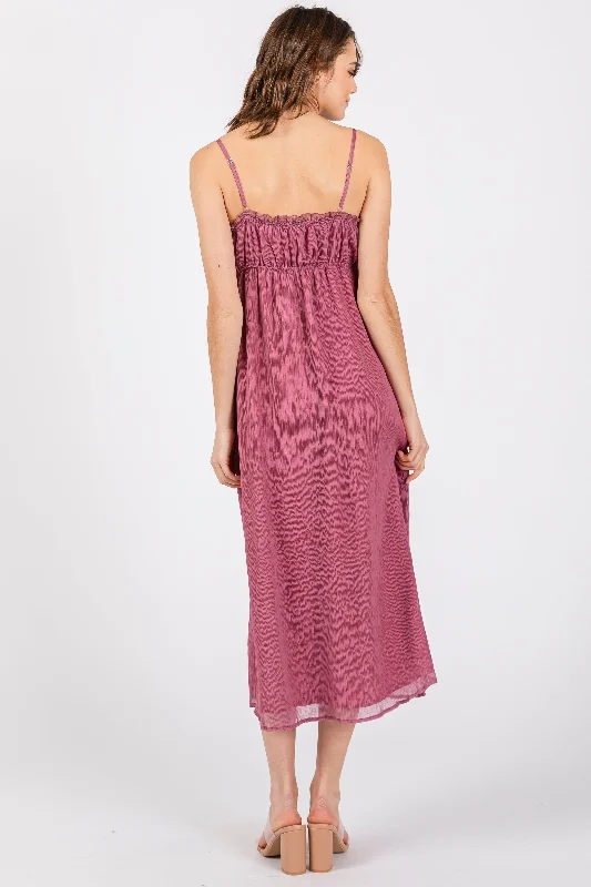 Magenta Ruffle V-Neck Sleeveless Midi Dress