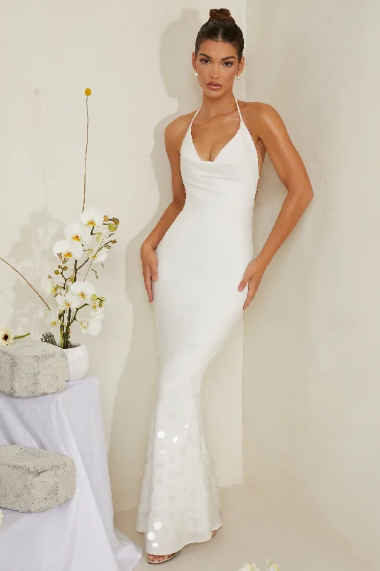 Cowl Neck Embellished Satin Maxi Dress in White