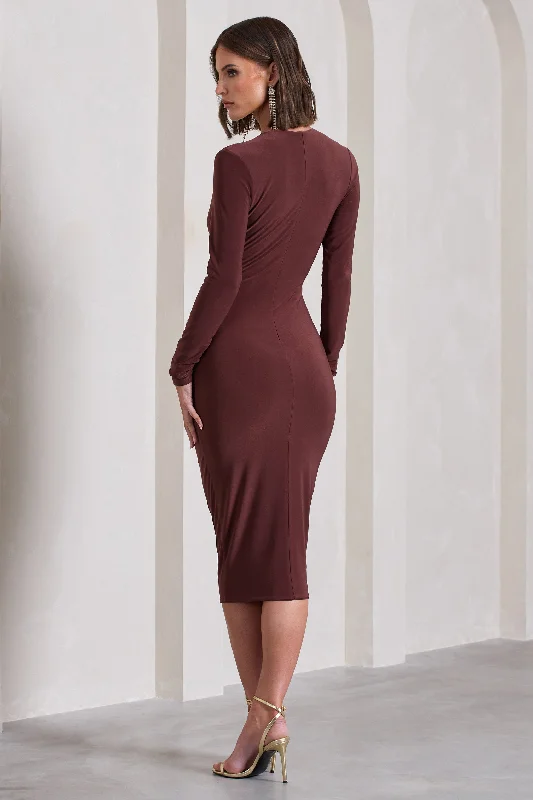 Marcia | Chocolate Brown Bodycon Plunge-Neck Midi Dress