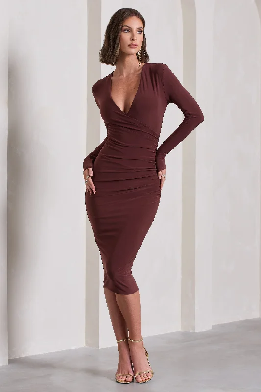 Marcia | Chocolate Brown Bodycon Plunge-Neck Midi Dress