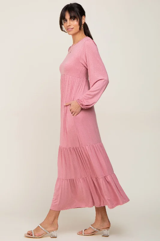 Mauve Long Sleeve Tiered Maxi Dress