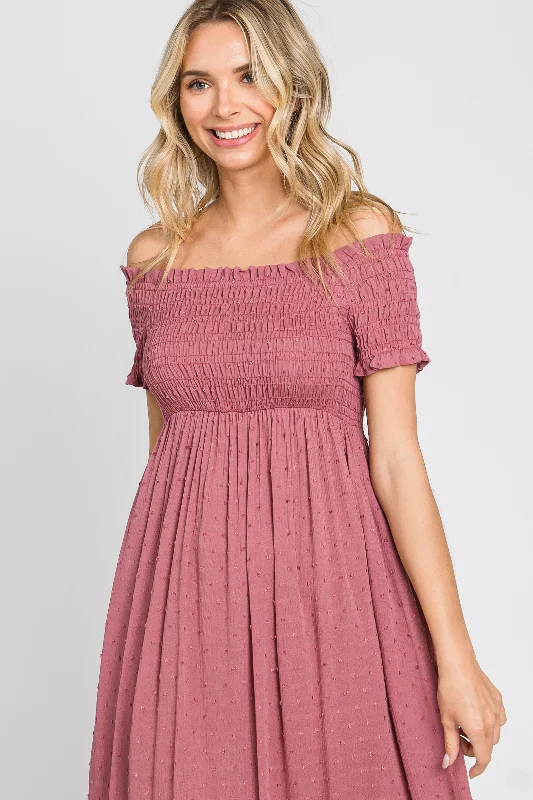 Mauve Off Shoulder Smocked Midi Dress