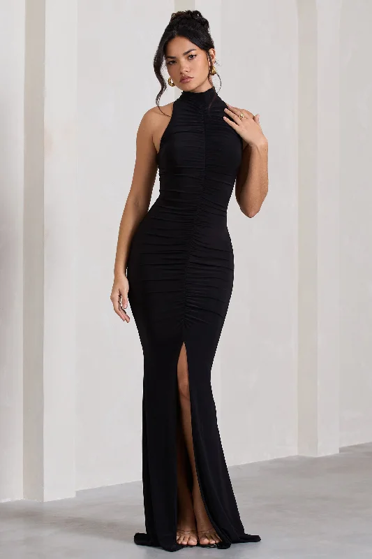 Memorable | Black Ruched High-Neck Split Fishtail Maxi Dress