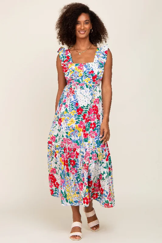 Multicolor Floral Ruffle Accent Maxi Dress