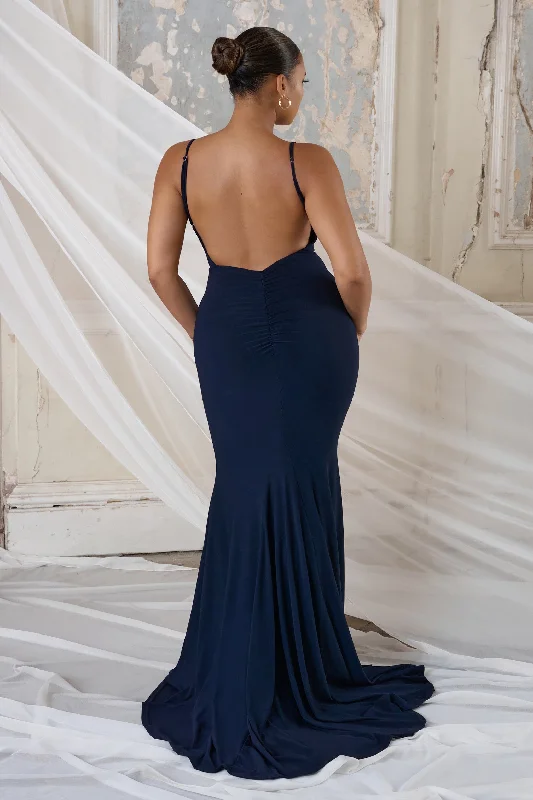 Irreplaceable | Navy Backless Bum Ruched Fishtail Maxi Dress