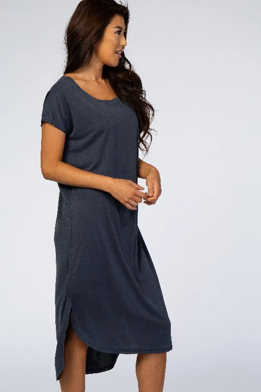 Navy Faded Curved Hem Midi Dress