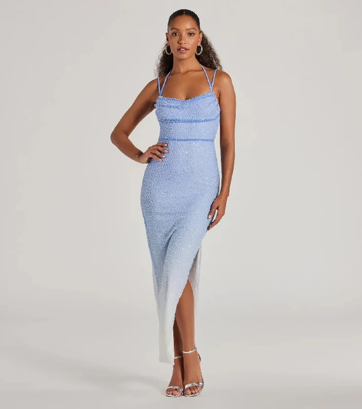 Nia Beaded Ombre Mesh High Slit Formal Dress