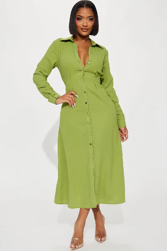 Ophelia Button Down Midi Shirt Dress - Green