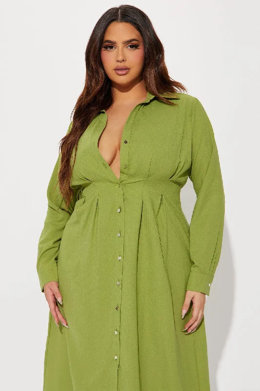 Ophelia Button Down Midi Shirt Dress - Green