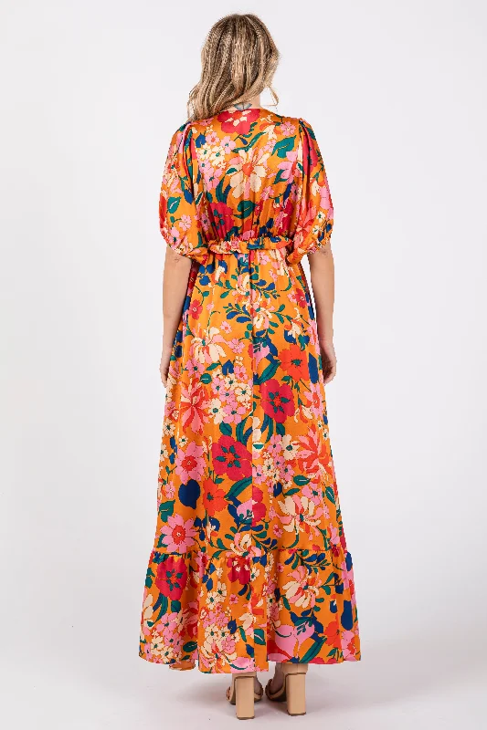 Orange Floral Satin Deep V-Neck Puff Sleeve Maxi Dress