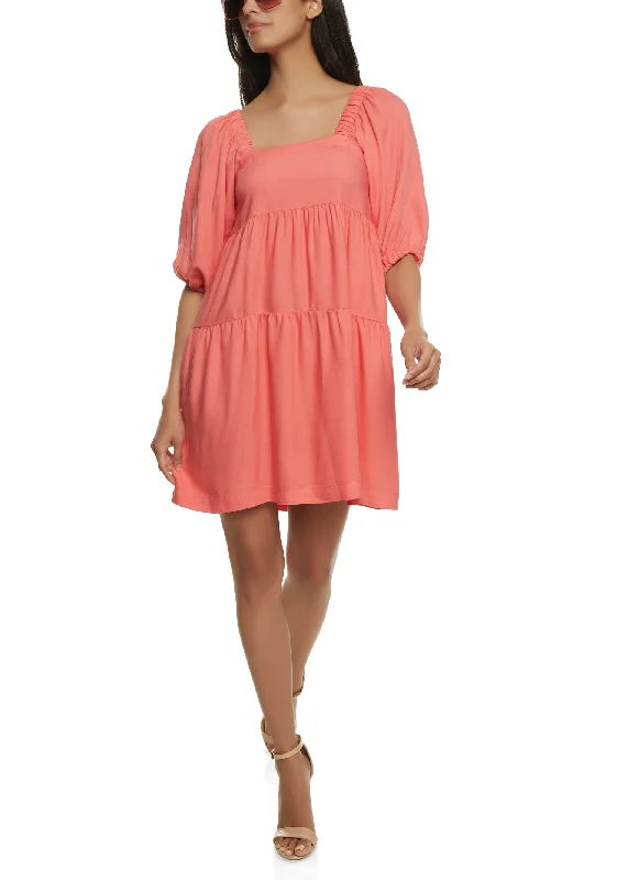 Bubble Sleeve Square Neck Tiered Dress