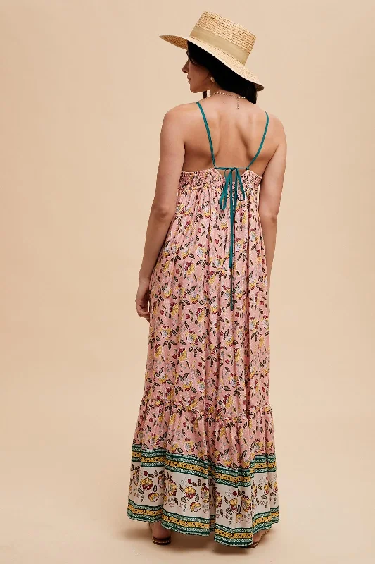 Pink Floral Border Print Lace Up Back Maxi Dress