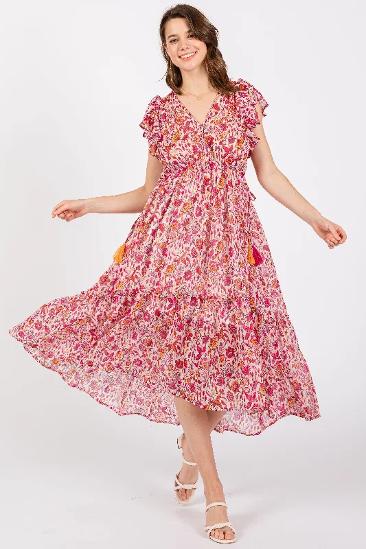 Pink Floral Chiffon Flutter Sleeve Ruffle Hem Midi Dress