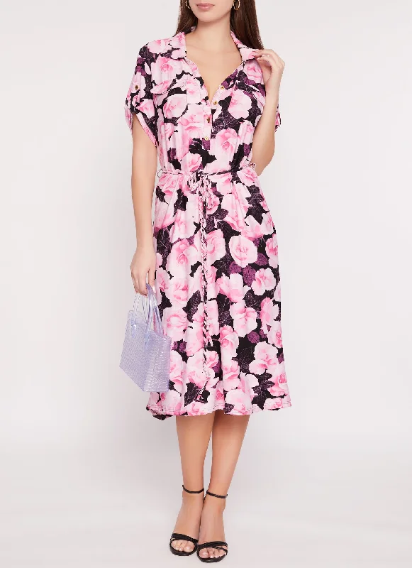 Floral Print Tabbed Sleeve Midi Shirt Dress