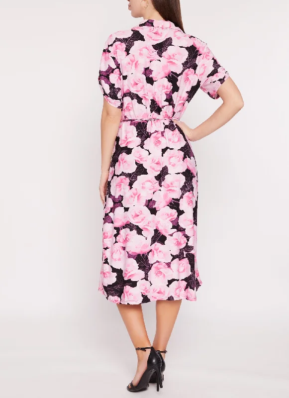 Floral Print Tabbed Sleeve Midi Shirt Dress