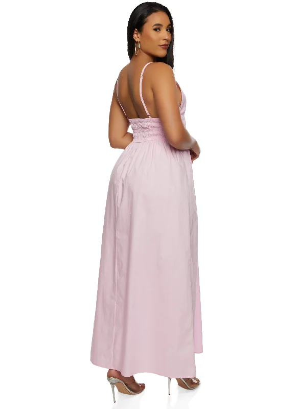 Haute Monde Smocked Waist Plunge Maxi Dress