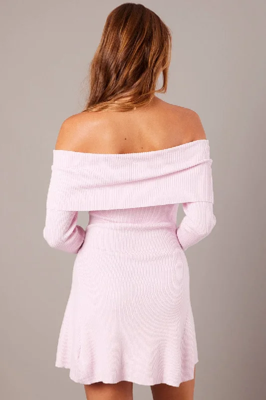 Pink Knit Dress Long Sleeve Off Shoulder