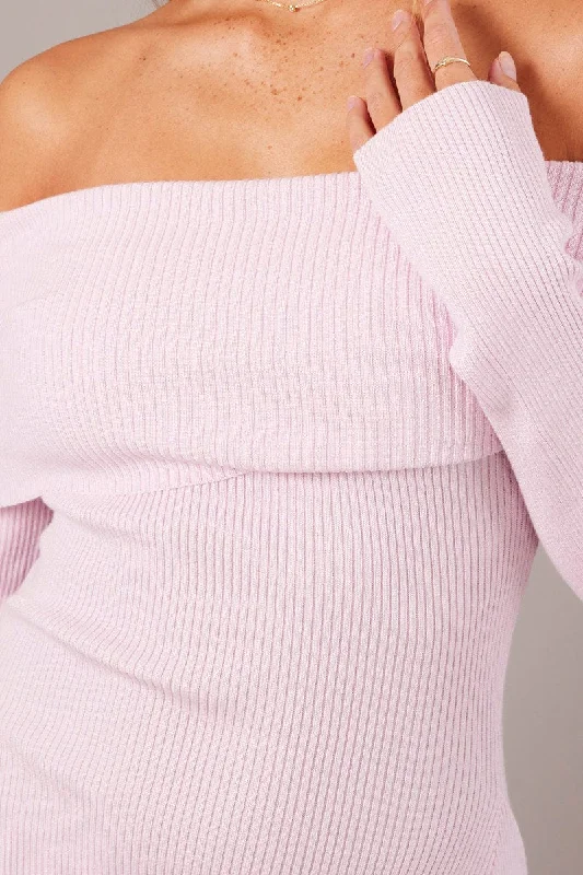 Pink Knit Dress Long Sleeve Off Shoulder