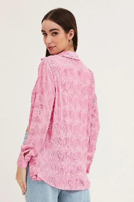 Pink Long Sleeve Plisse Shirt