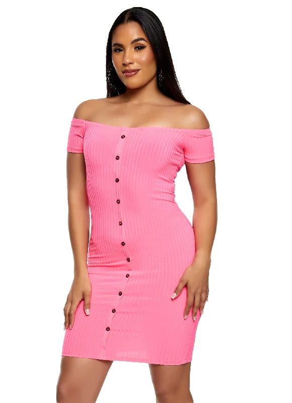 Off the Shoulder Button Detail Bodycon Dress