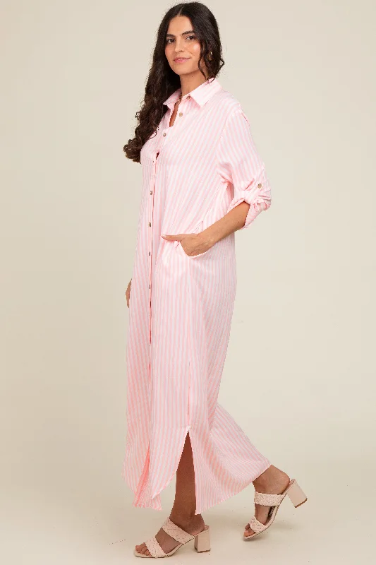 Pink Striped Button Down Maxi Dress